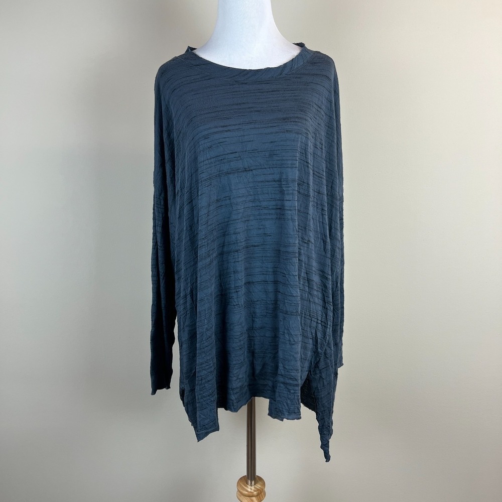 COMFY USA Tunic Top Womens 1X Blue Striped Dolman Sleeve Boxy Pullover Side Slit